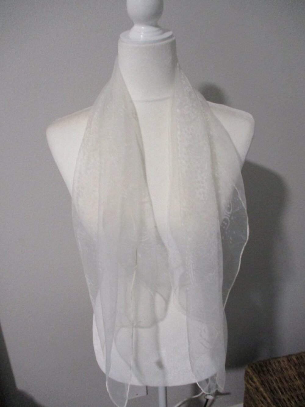1980s sheer white paisley pattern scarf